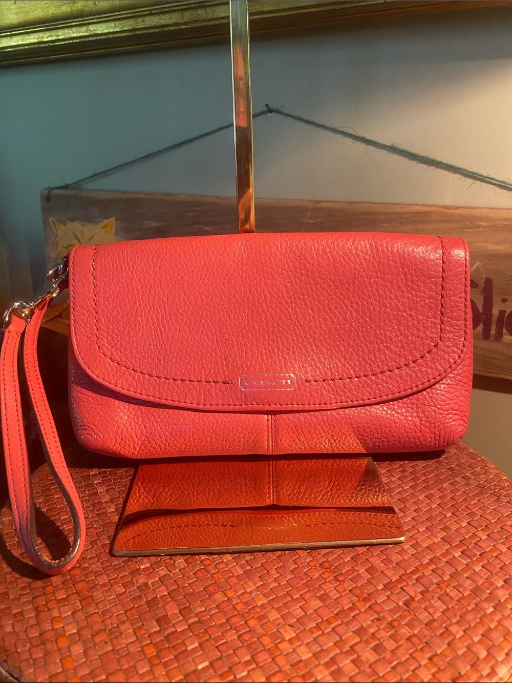 Coach Coral Pebbled Leather Large Flap Wristlet Wallet, model F49177